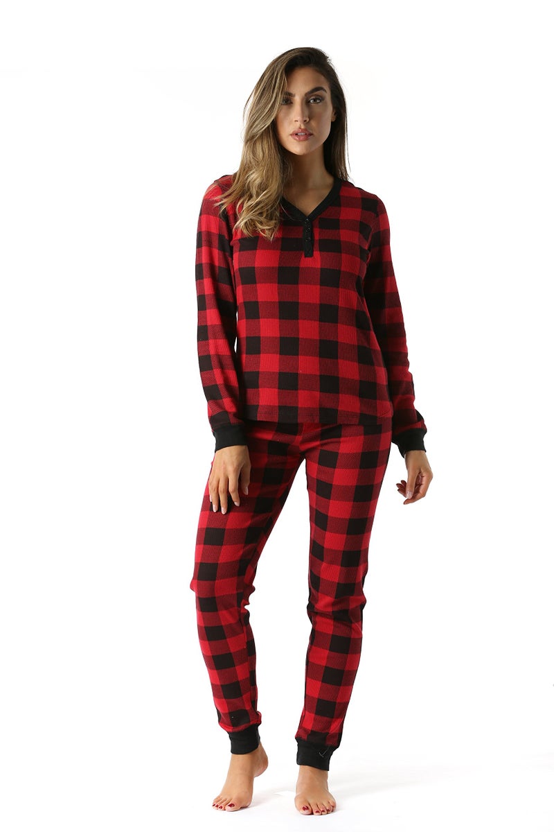 #followme Buffalo Plaid 2 Piece Base Layer Thermal Underwear Set for Women 6372-10195-NEW-RED-M - Image 1
